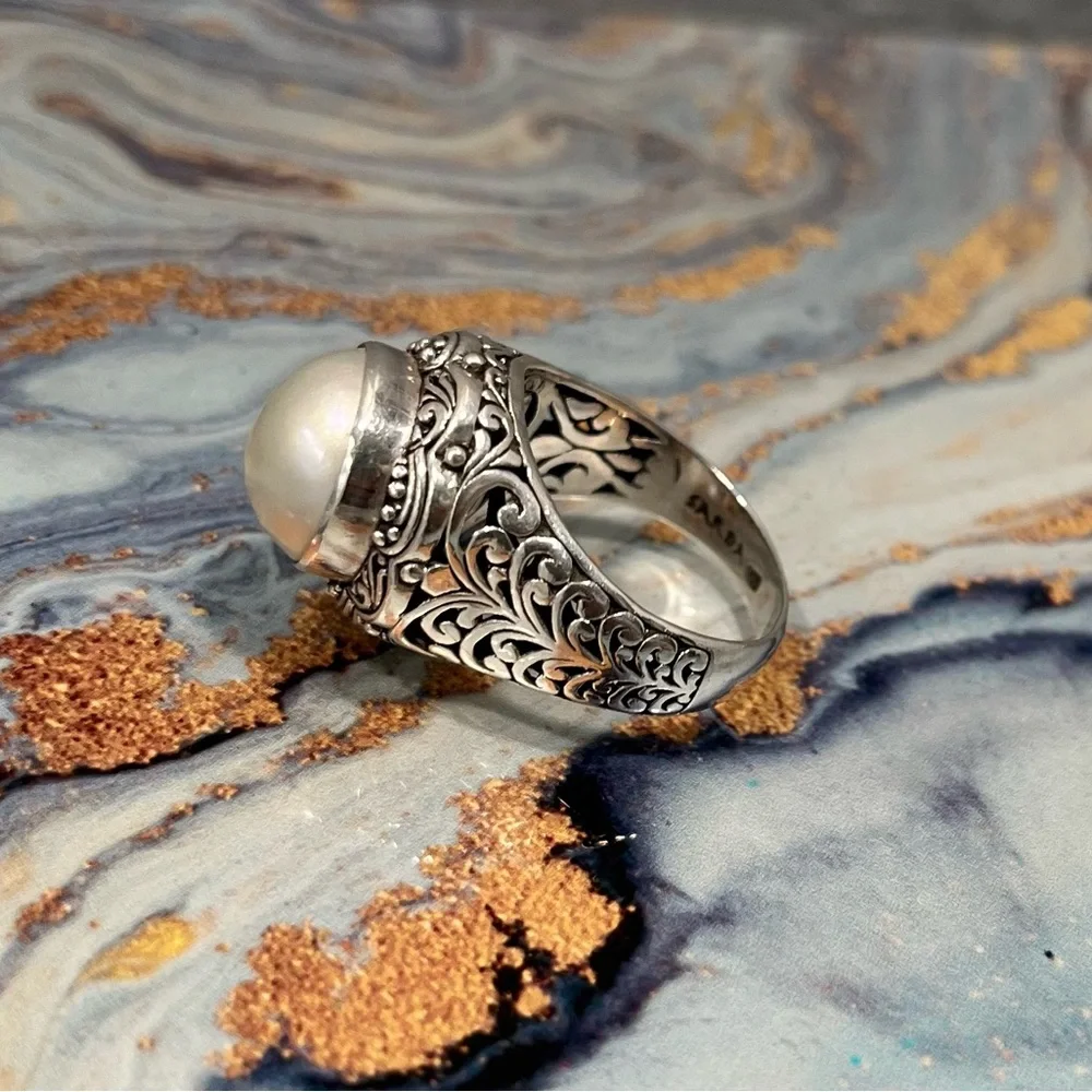 SARDA White Mabe Pearl ring size 10 designer Sterling Silver ring